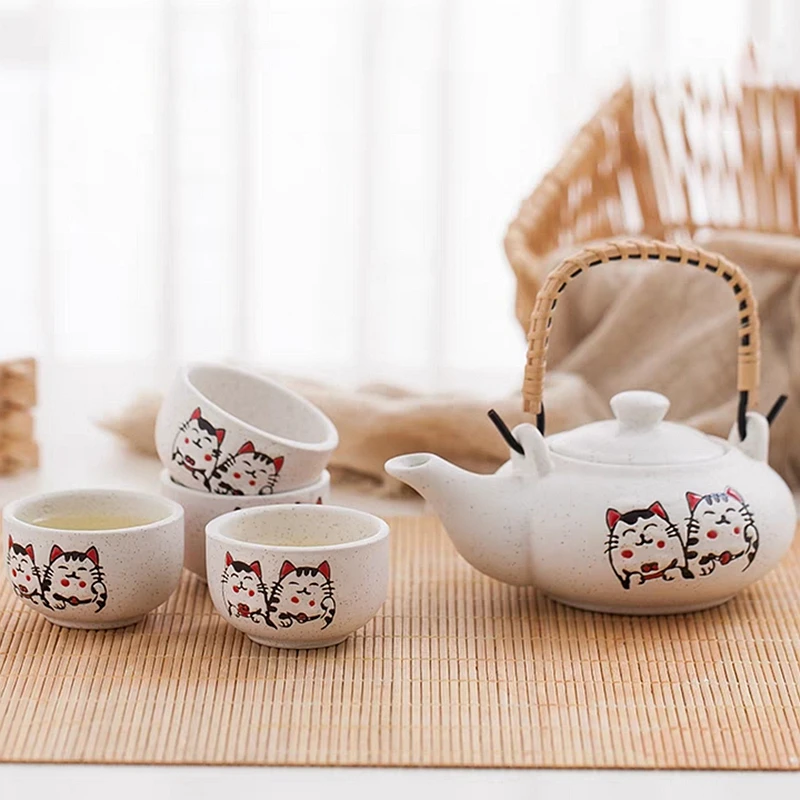 

Ceramic Lucky Cat Teapot with 4 Tea Cups Portable Chinese Kung Fu Tea Set Tea Kettle 200ml Maneki Neko Teacup