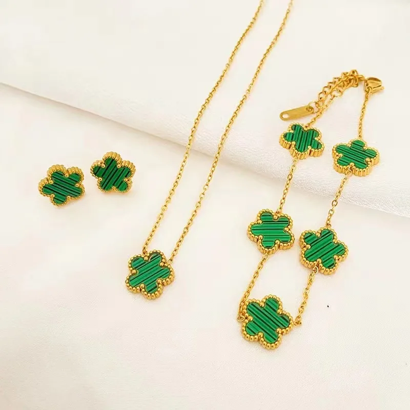 3Pcs Stainless Steel 316L Luxury Plum Blossom Plant Five Leaf Flower Necklace Earrings Bracelet for Women Gift Jewelry Sets