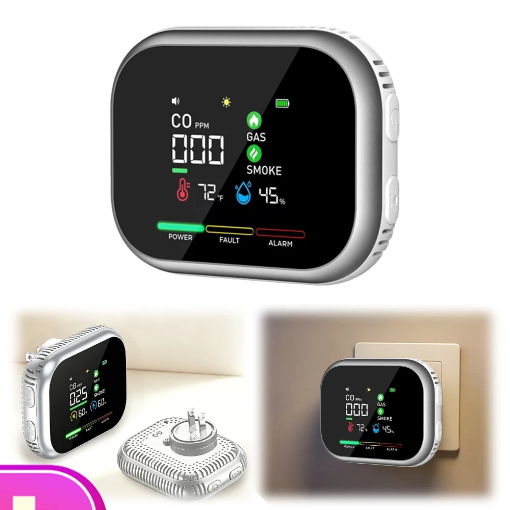 6-in-1 Air Quality Monitor Plug-in Gas Detector Carbon Monoxide Detectors with HD Display Temperature & Humidity Tester for Home