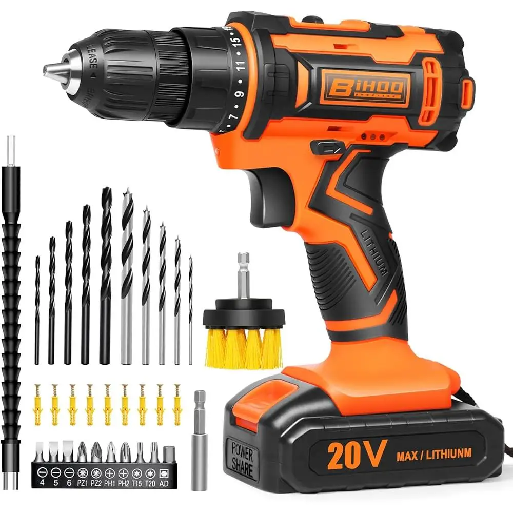 20V Cordless Drill Driver Set with Battery Charger LED Work Light 25 1 Torque Setting 43pcs Drill Bits Multi Surface Home DIY