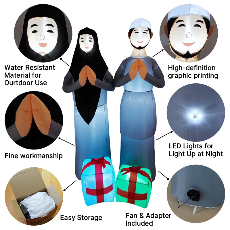 6ft Ramadan Inflatable Decorations Inflatable Eid Mubarak Decoration with LED Lights Islamic Couples Muslim Holidays Outdoor Toy