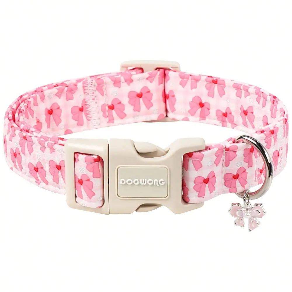 

Cute Pink Girl Dog Collar With Bow Charms, Cute Soft Cotton Puppy Collar Adjustable Dog Accessory For Small Medium Large Dogs