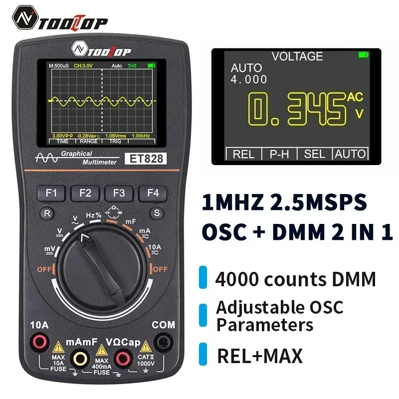 

TOOLTOP ET828 Portable Digital Oscilloscope Multimeter 2 in 1 Color Voltmeter Ammeter Waveform Capture for DIY Electric Repair