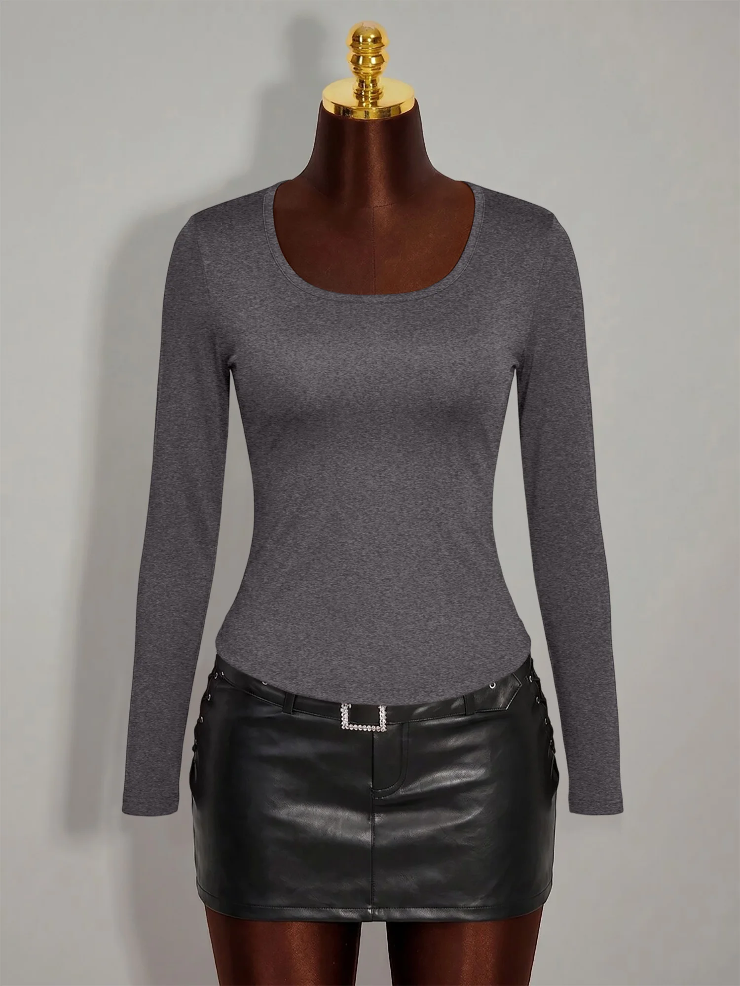 Camisetas Vintage Chic de Color Sólido con Cuello en U y Manga Larga para Mujer, Camisetas Elásticas Ajustadas al Cuerpo para Primavera, Top Interior para Combinar en Capas