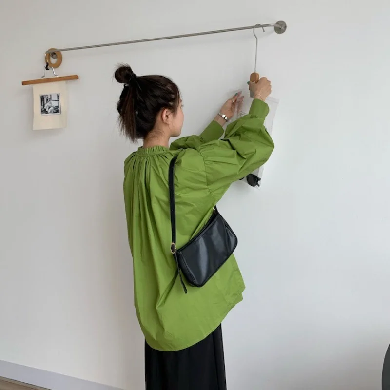 เสื้อเชิ้ตแขนทรงโคมไฟทรงหลวมผูกเชือกผูกเชือกคอกลมเรียบง่ายสไตล์เกาหลี