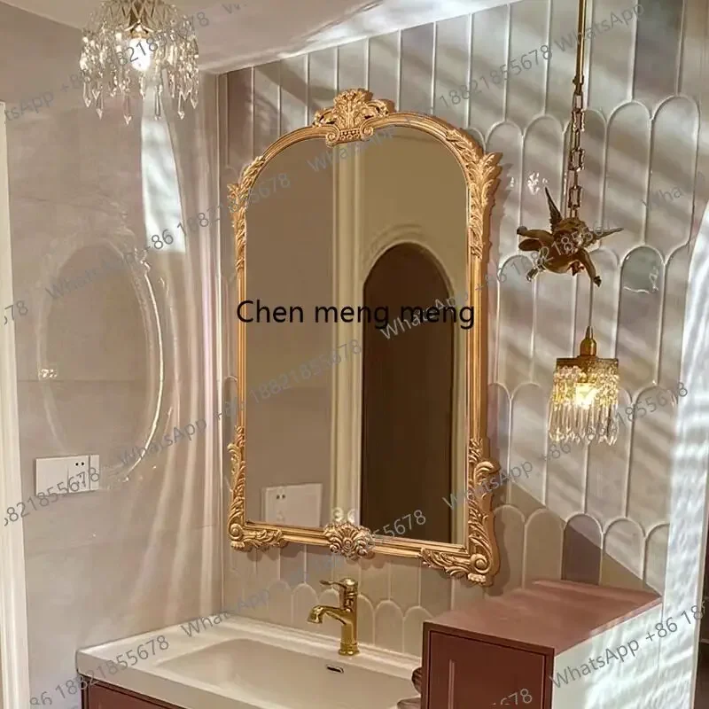 M183 French retro smart bathroom mirror solid wood carving flower decorative mirror special-shaped wall hanging makeup mirror