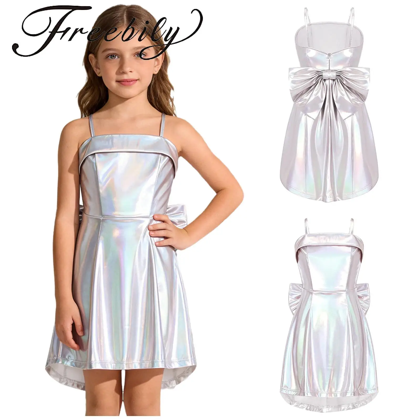 

Kids Girls Metallic Shiny Party Cami Dress with A Detachable Big Bow Sleeveless High-low Hem A-line Dress for Stage Birthday
