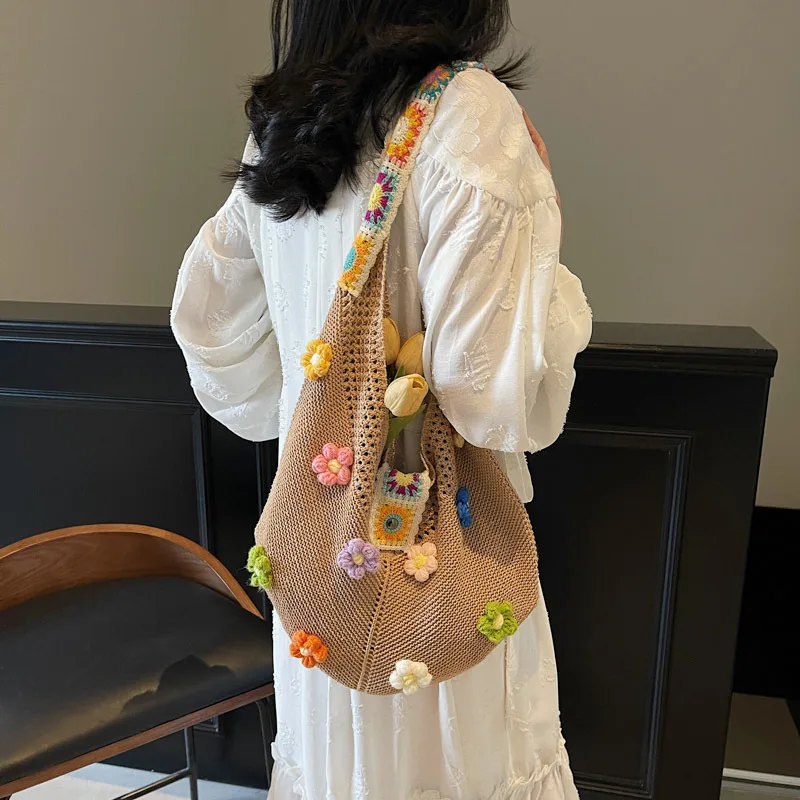 

Beach Handbag Hollow Out Flower Thread Woven Bag Beach Tote Bag Large Capacity Bohemian Style Hollow Shoulder Bag Holiday