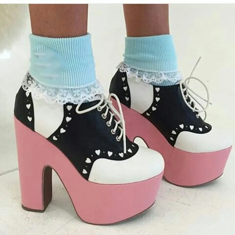 블랙 레이스업 얕은 플랫폼 펌프스 청키 힐 라운드 토 패션 쿨 섹시 2025 여름 큰 사이즈 여성 신발