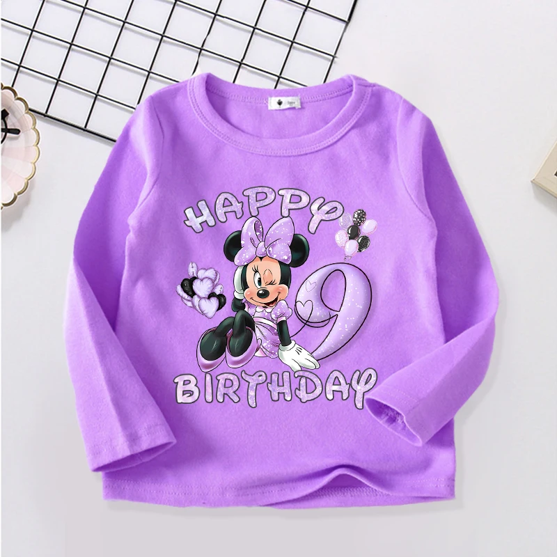 Minnie Mouse Number Long Sleeve T Shirt Purple Girl Birthday Tops Cartoon Kids  Clothes Cute Print Tees Infant Party T-Shirts