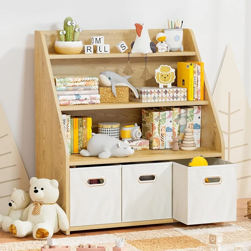 

Kids Bookshelf and Toy Organizer, Wooden Kids Bookcase,Toddler Montessori Bookshelf with 3 Movable Drawers,Toy Storage Organizer
