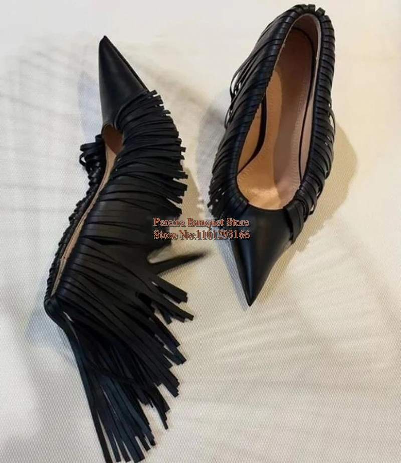 

Black Leather Slip On Tassel Thin Heeled Pumps Stiletto Pointed Toe Stretch Pu Fringe Female Modern Runway Shoes burgundy