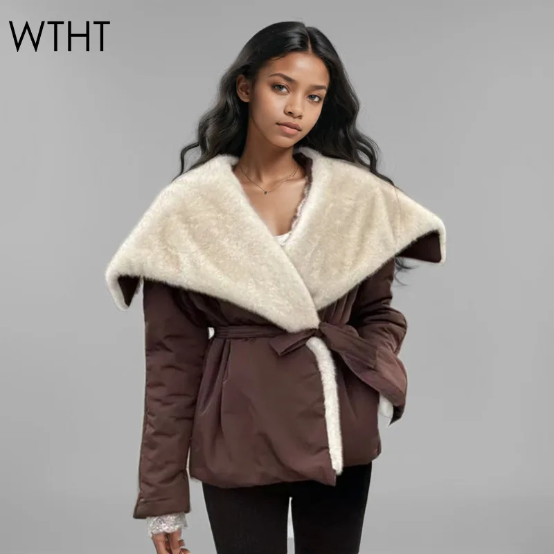 WTHT Trendy Women's Plush Lapel Waist-slimming Bandage Warm Coat 2024 Winter Long Sleeves Short Quilted Jacket Female 1LS379