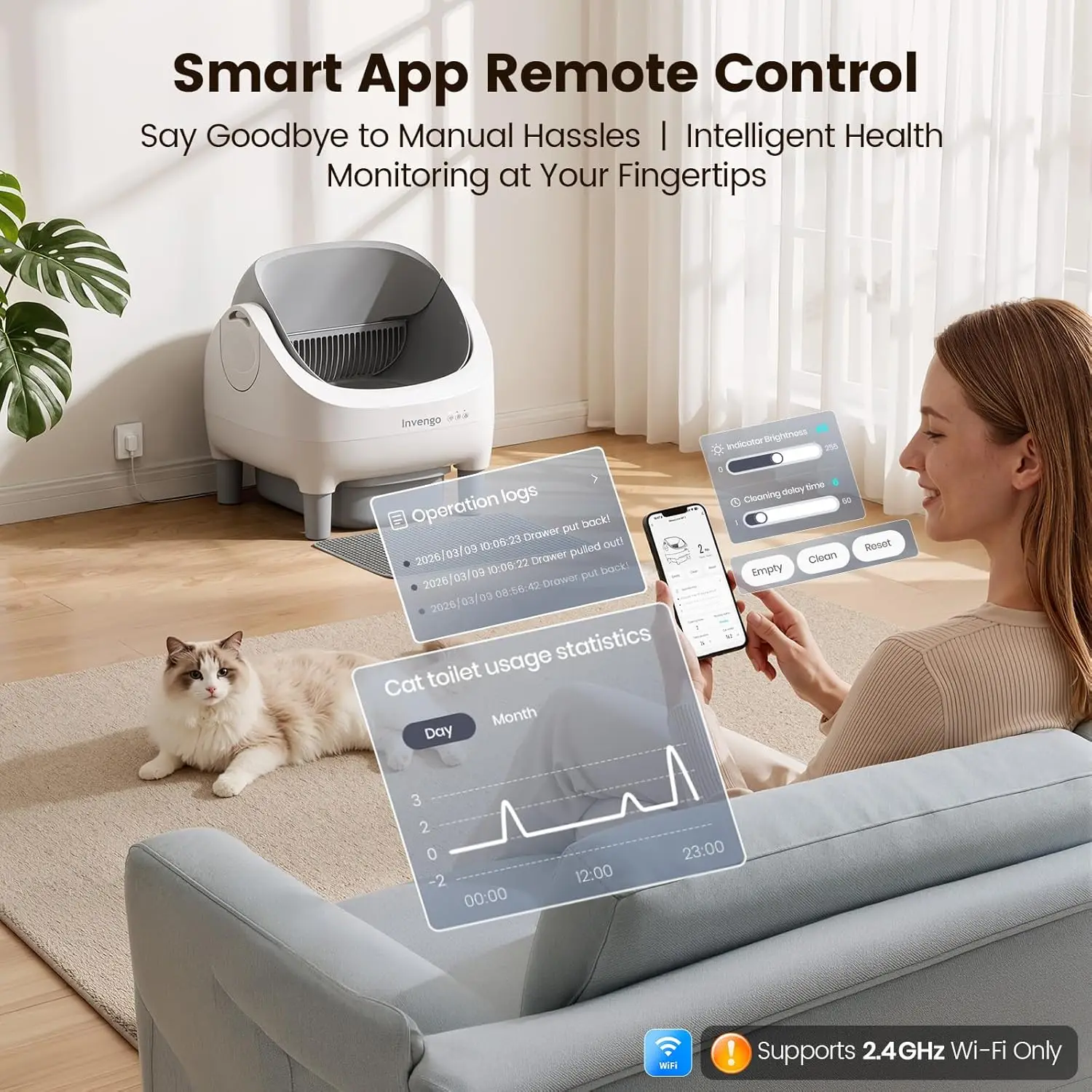 Self Cleaning Litter Box, Open Top Automatic Litter Box with App Control for Multiple Cats, Safety Sensors, Customized