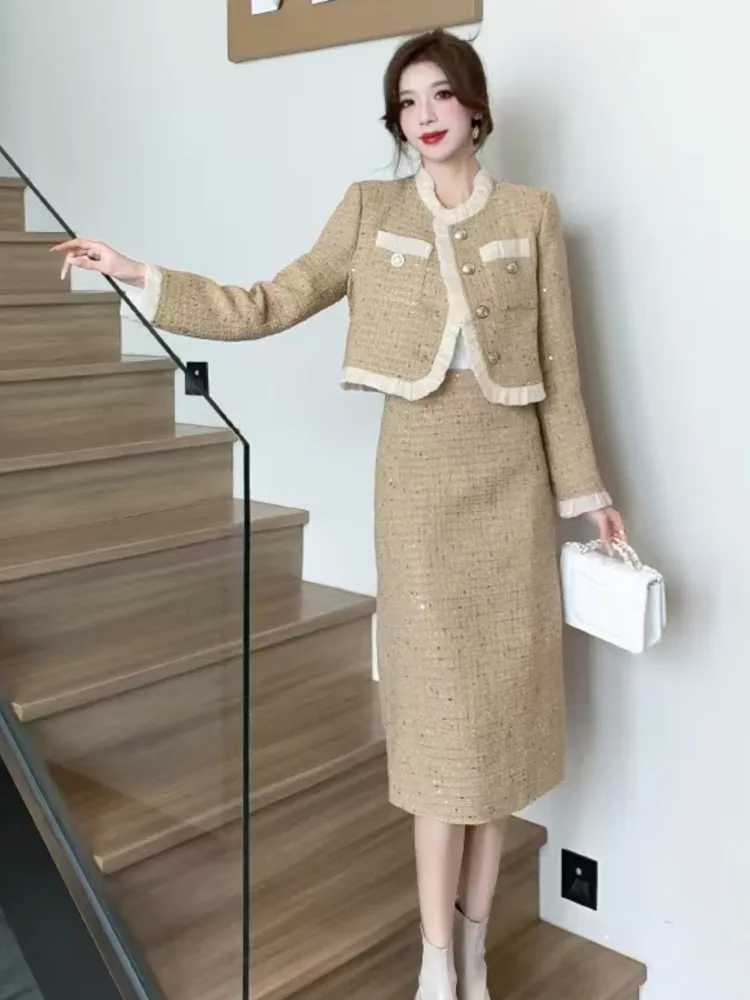 Autumn Winter Vintage Lady Two Pieces Skirt Suits Long Sleeve Patchwork Blazer Jacket and High Waist Straight Skirts Elegant