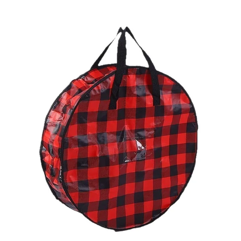 Weihnachts-Aufbewahrungstasche, Weihnachtskranz, Reißverschluss, Aufbewahrungstasche, PP-Farbdruck, filmbedeckt, kariert, runde Tasche, 2025, neuer Trend