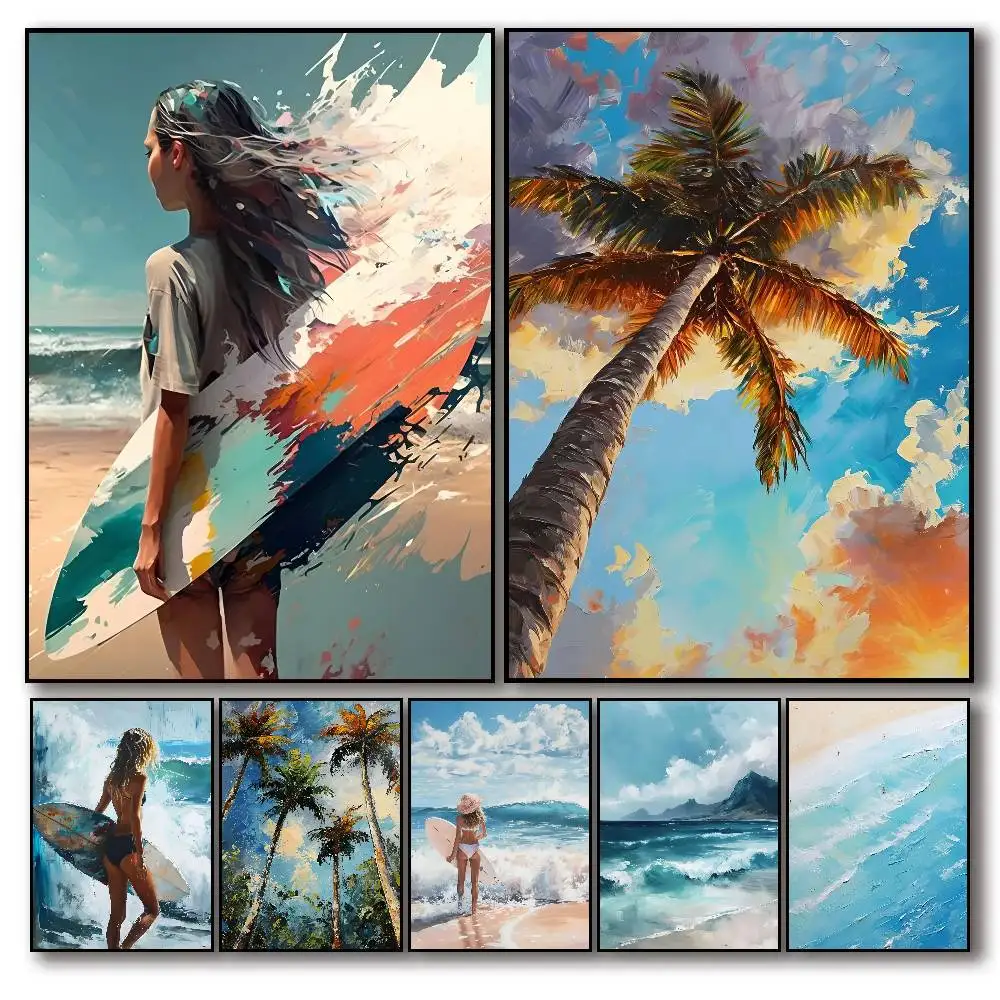 Ocean Waves Boat Surf Palm Trees Poster Self-adhesive Art Room Entrance Restaurant Wall Decor Art Painting