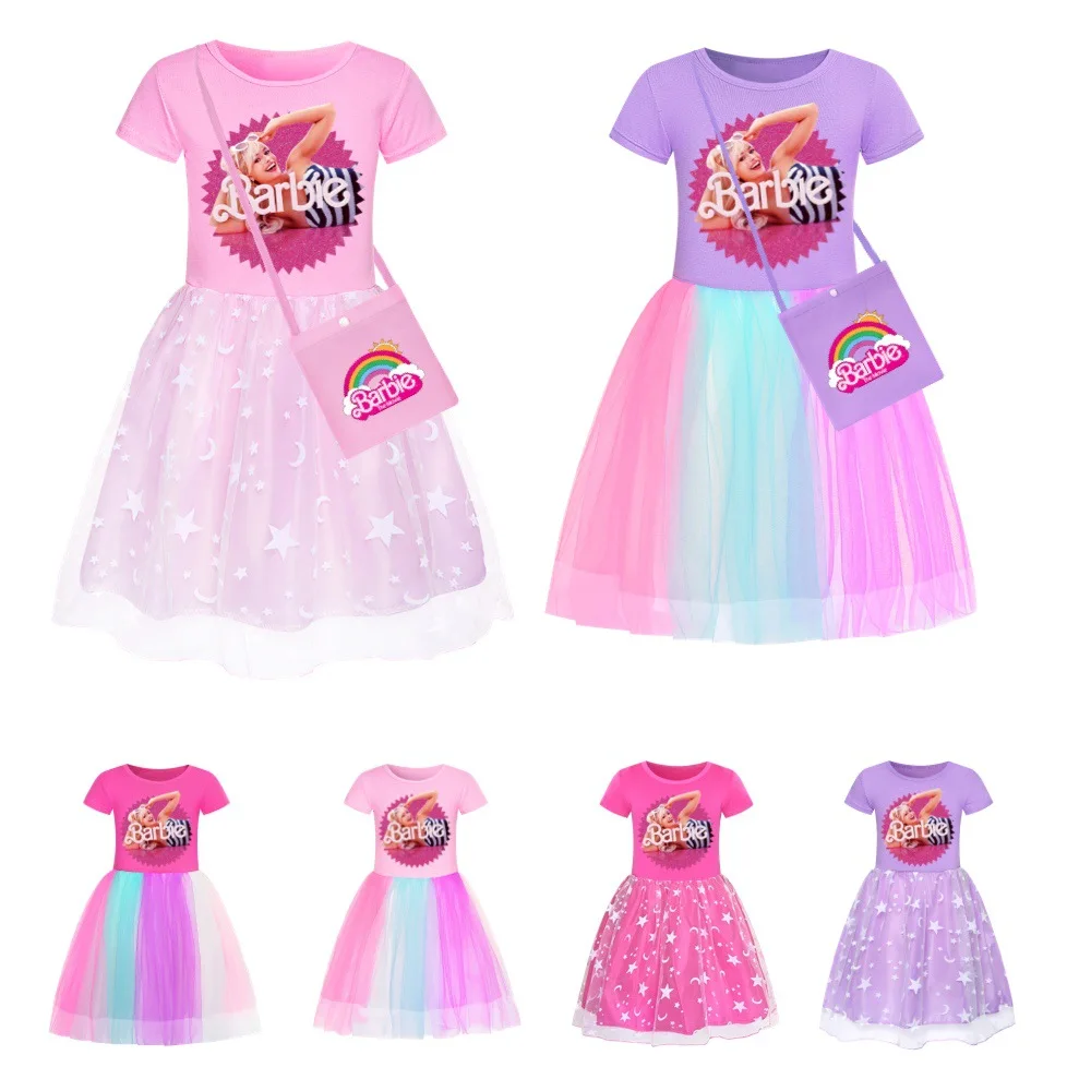 Barbie Fashion Baby Girls T-shirt Dress +Bag Summer Dress Cartoon Dress Princess Dress Children's Girl Clothing