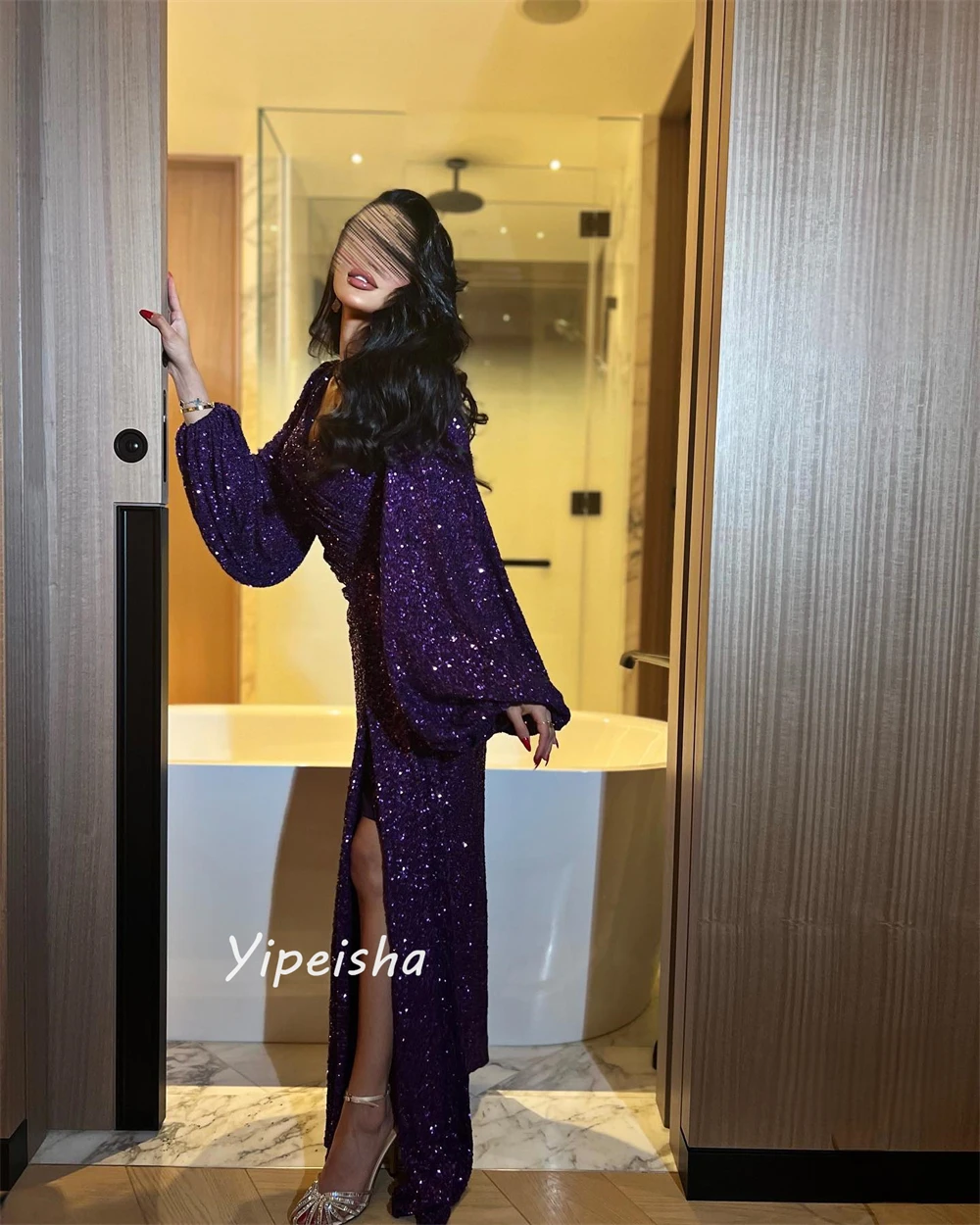 Customized Prom Exquisite V-Neck A-line Pleat Draped Sequined Floor-Length Sequin Bespoke Occasion Dresses Evening