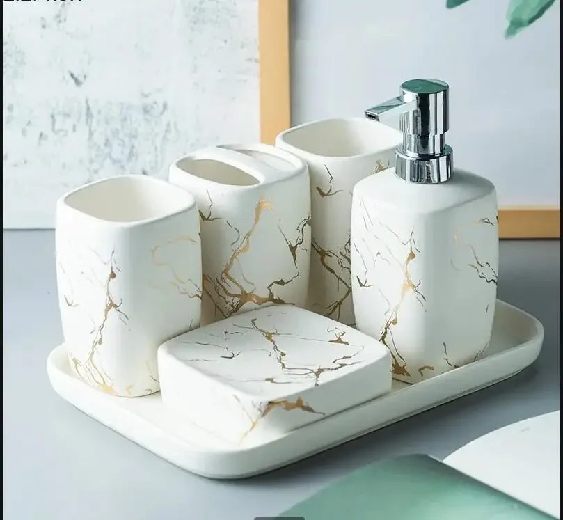 Marble Frosted Gold Ceramics Bathroom Accessories Set Soap Dispenser/Toothbrush Holder/Tumbler/Soap Dish Tray Supplies