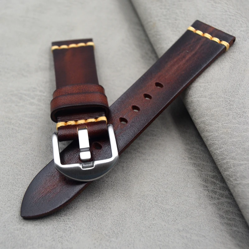 Brown Suitable Men Watch Strap Hand-painted Leather Watchband, 18MM 19MM 20MM 21MM 22MM Retro Style First Layer Leather Strap