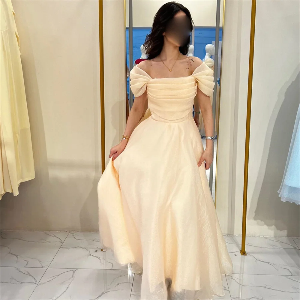 

GORGA Fashion Square Neck Off The Shoulder Sleeveless Pleat A Line Long Evening Dress Floor Length Sweep Train Elegant Prom Gown