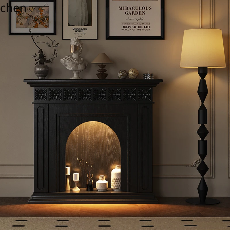 HTT fireplace decorative cabinet living room household solid wood carving flower porch cabinet rack storage cabinet