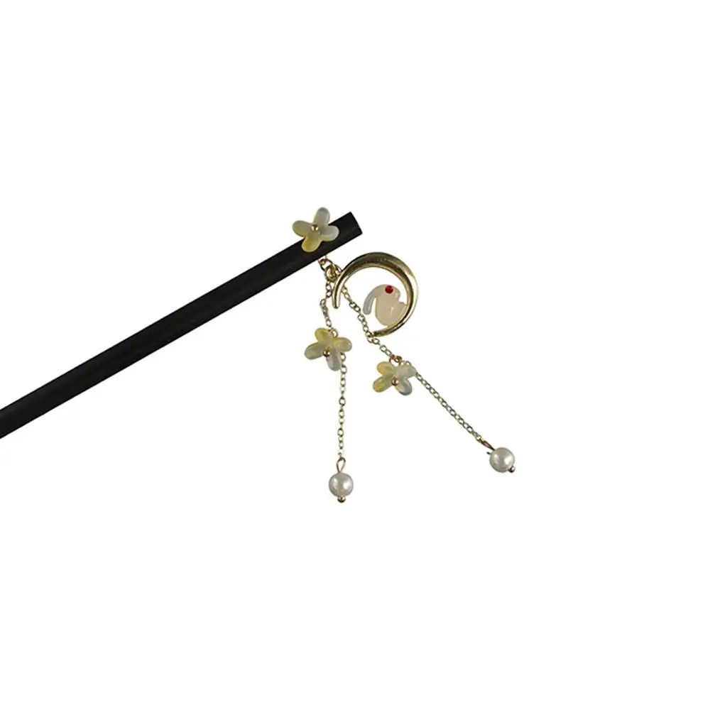 

Pearl Tassel Wood Ancient Headwear Jade Rabbit Hanfu Hair Sticks Ancient Style Hairpin Wooden Hairpin Chinese Style Headwear