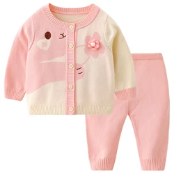 2Piece Sets Spring Autumn Toddler Girl Outfits Korean Cartoon Cute Flower Baby Sweater+Pants Knitted Suit Newborn Clothes BC1929