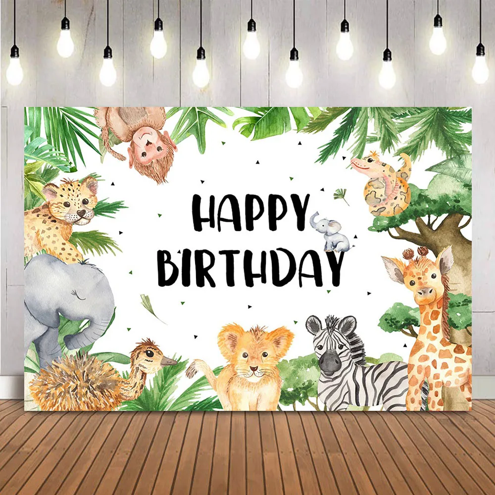 Jungle Animals Birthday Backdrop Happy Birthday Safari Woodland Photo Background Boys Birthday Green Leaves Decoration for Kids