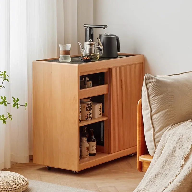 Mobile North American red oak tea side cabinet, tea table small household kettle integrated side table