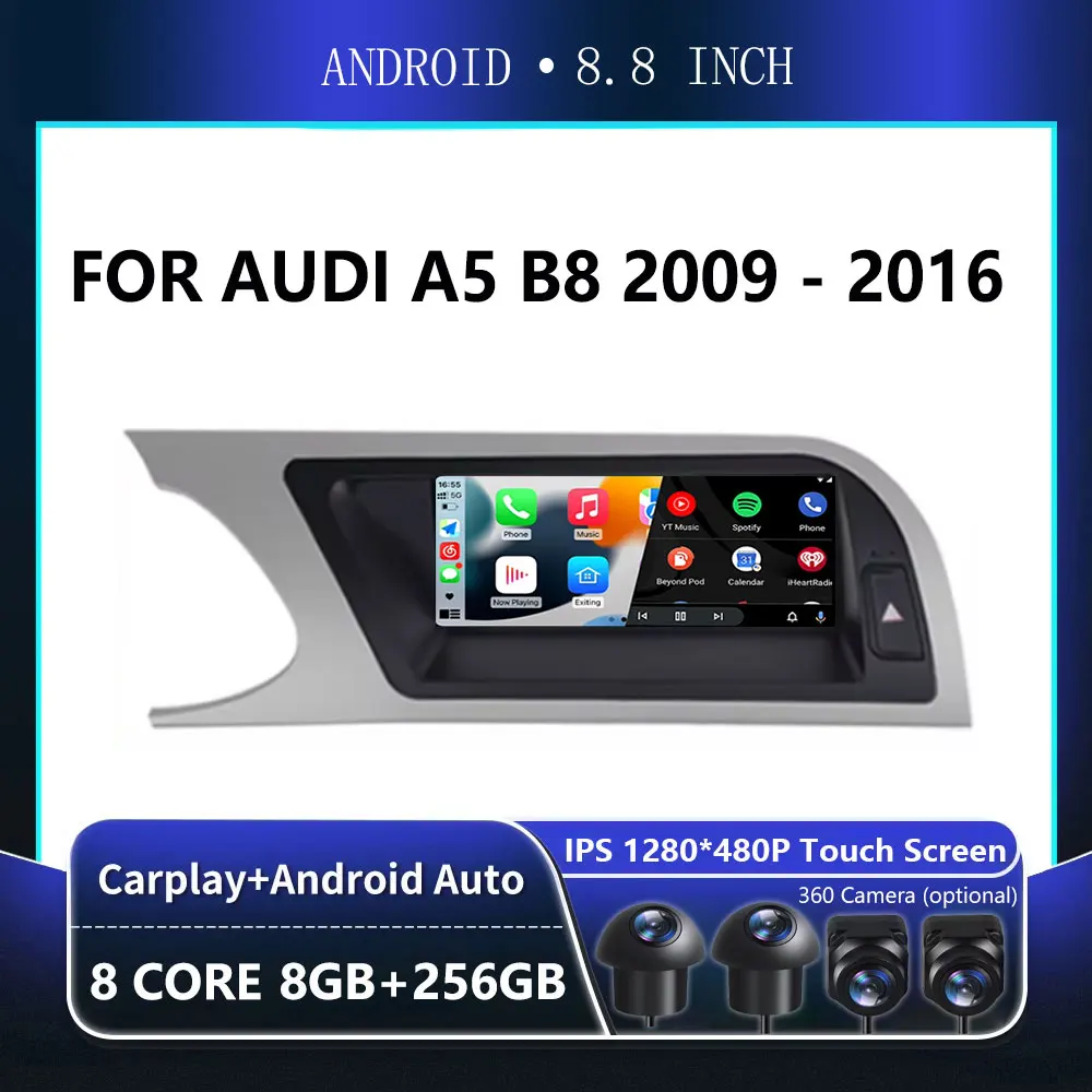 8.8 Inch Android Touch Screen For Audi A5 B8 2009 2010 2011 - 2016  Car Carplay Monitor Stereo Speakers Radio Multimedia Player