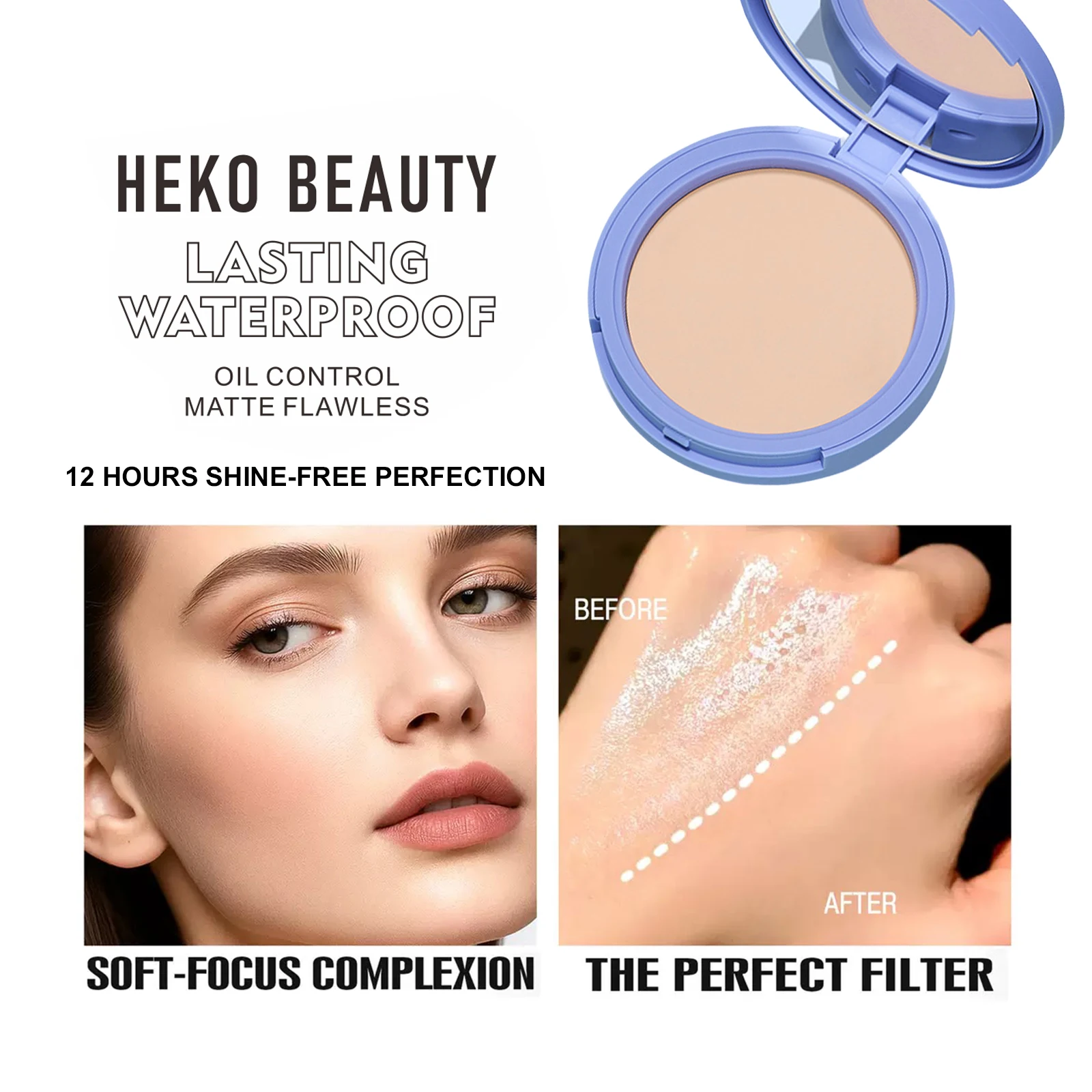 HEKO BEAUTY Lasting Waterproof Pressed Powder 10g – Oil Control Matte Finish Flawless Face Makeup for All-Day Wear