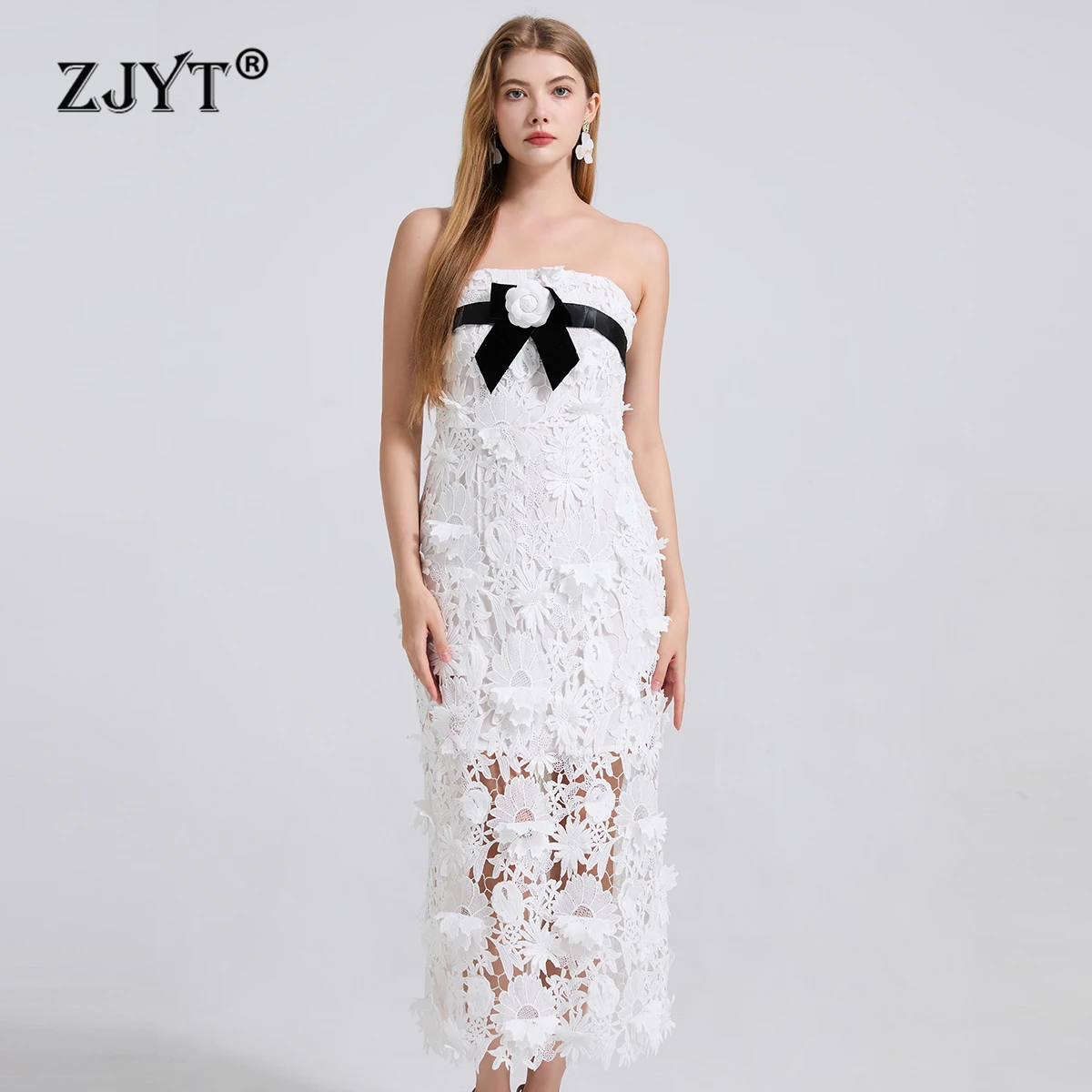 

ZJYT Runway Fashion Summer Floral Embroidery White Lace Dress Women Strapless Sexy Backless Midi Evening Party Dresses 2025 New