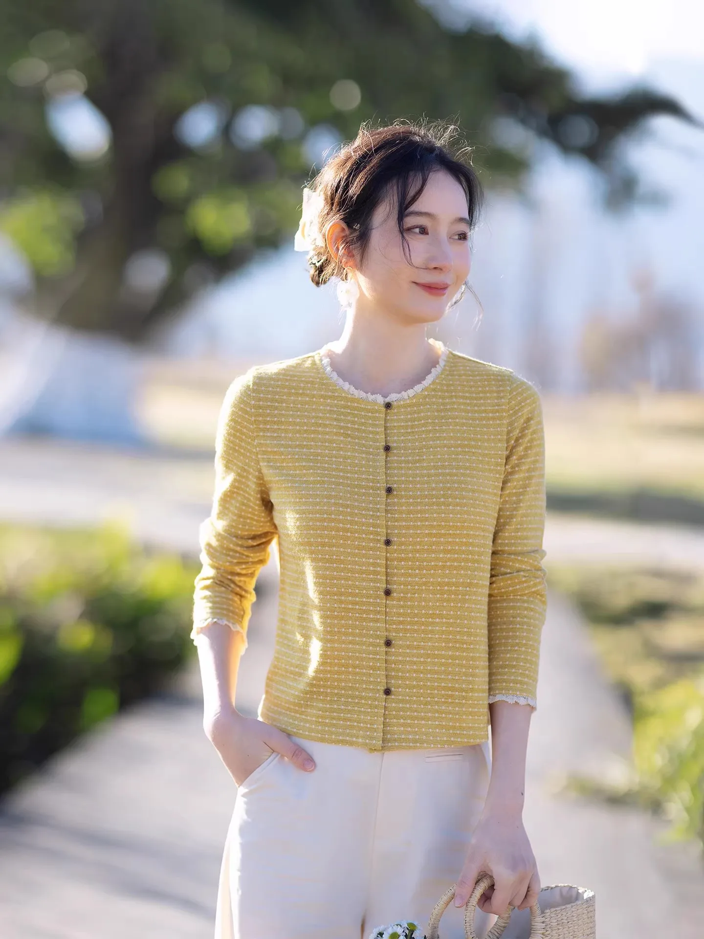 

Yellow Knitted Open Cardigan ort Design Sensation Spring New Women's irt Casual Sle Slim Fit Polyester Fiber Long Sve
