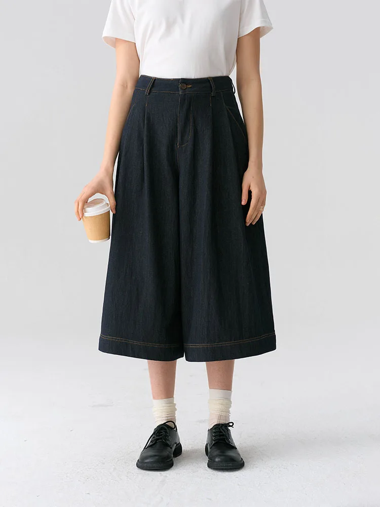 

Bruland Spring Summer Women's Elastic Waist Slimming Casual Mid-Calf Jeans Loose Wide Leg Pants High Waist Cotton Zipper