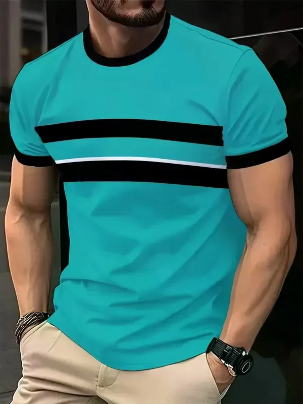 3D Print Lattice Stripes T-Shirt For Men Color Block Pattern Short-Sleeved Tees Harajuku Streetwear Tops O-Neck T-Shirt Clothes
