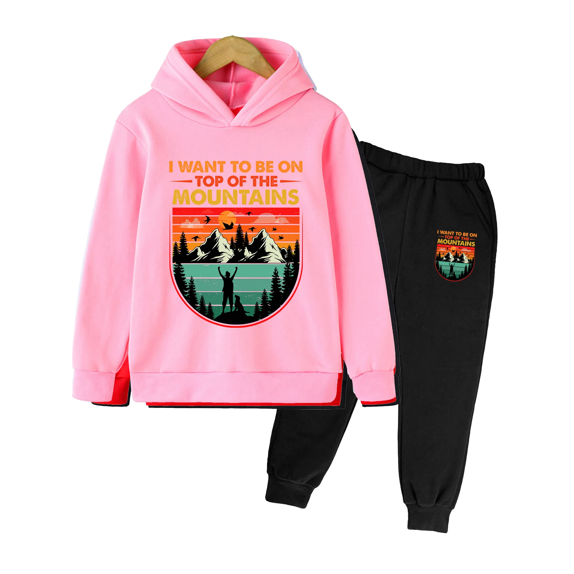 Kids Hoodie & Sweatpants Set, Mountain Print Casual Tracksuit for Boys Girls, Outdoor Hiking Camping Outfit