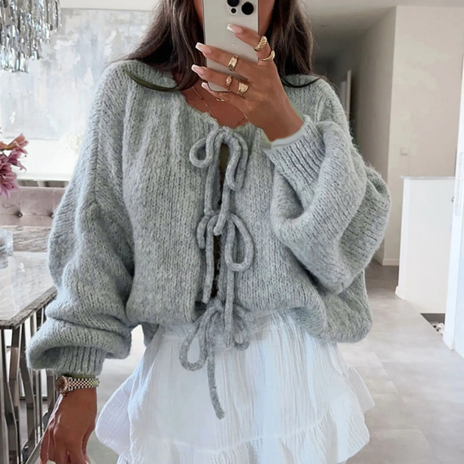 Harajuku Solid Knitted Cardigan Swetry y2k Casual Loose Full Sleeve Tie Front Sweaters Women Vintage Winter Tops 90s Knitwear