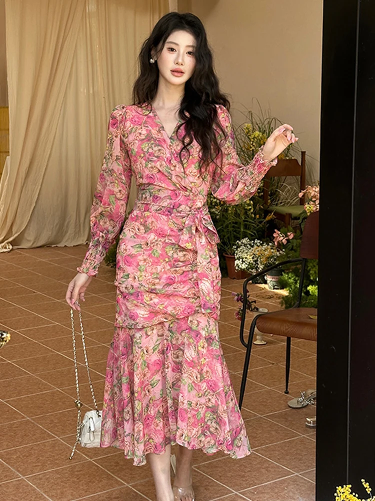 Frauen Kleidung Chiffon Süße Blumen Druck Puff Sleeve Schlank Midi Fischschwanz Kleid Elegante Dame Party Vestidos Robe Casual Herbst Neue