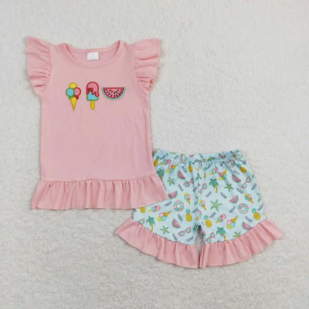 2pcs summer children's clothes short-sleeved T-shirt girls embroidered ice cream watermelon print girls children shorts suit