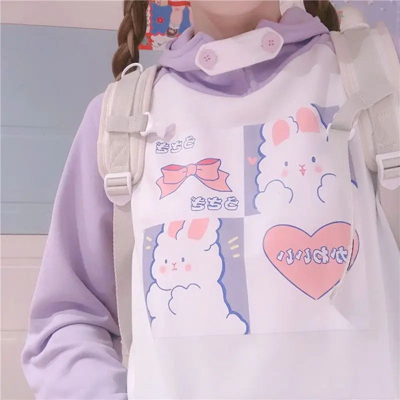 2024 Japanese Kawaii Hoodies Cartoon Print Patchwork Women\'s Tops Cartoon Contrast Color Sweatshirts Harajuku Casual Sweatshirt
