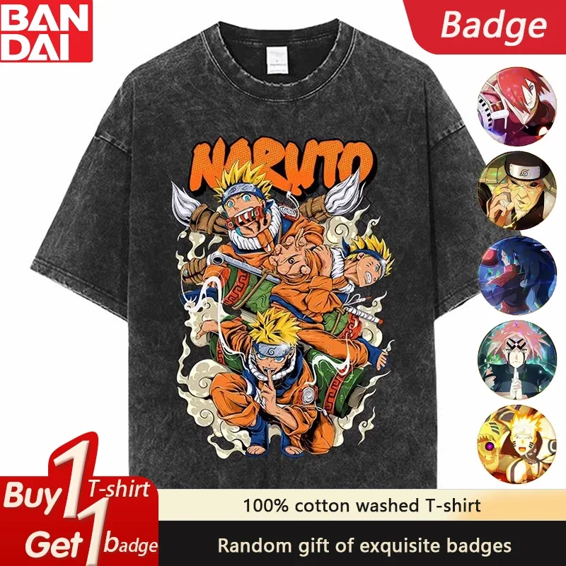 

Official NARUTO Black Washed Tee Men's Multi-Character Print with Orange Logo & Cloud Effects Anime Design