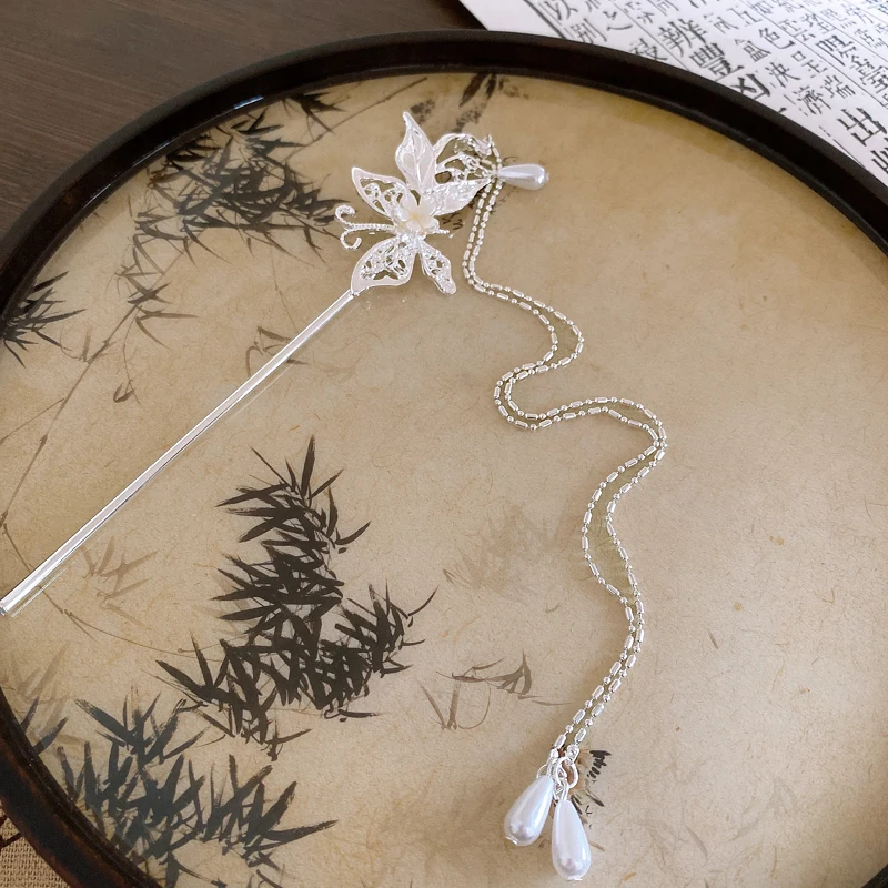 Neo-chinese Style Butterfly Flower Long Tassel Metal Silver Imitation Pearl Hair Sticks for Women Hairpins Exquisite Accessories
