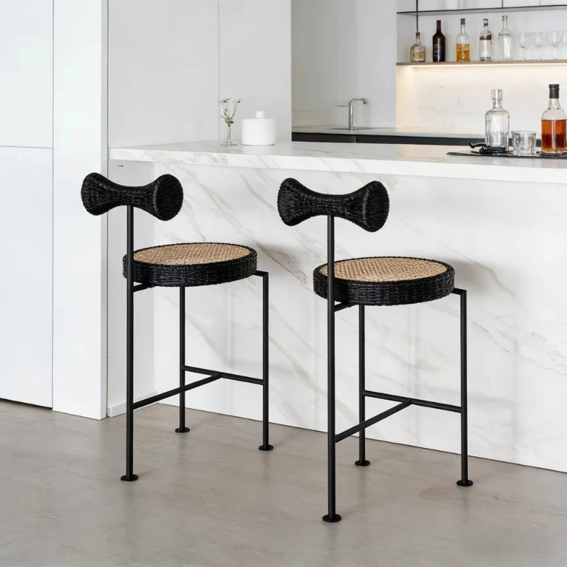 

Solid wood rattan bar stool | light luxury metal frame high chair, suitable for hotel front desk