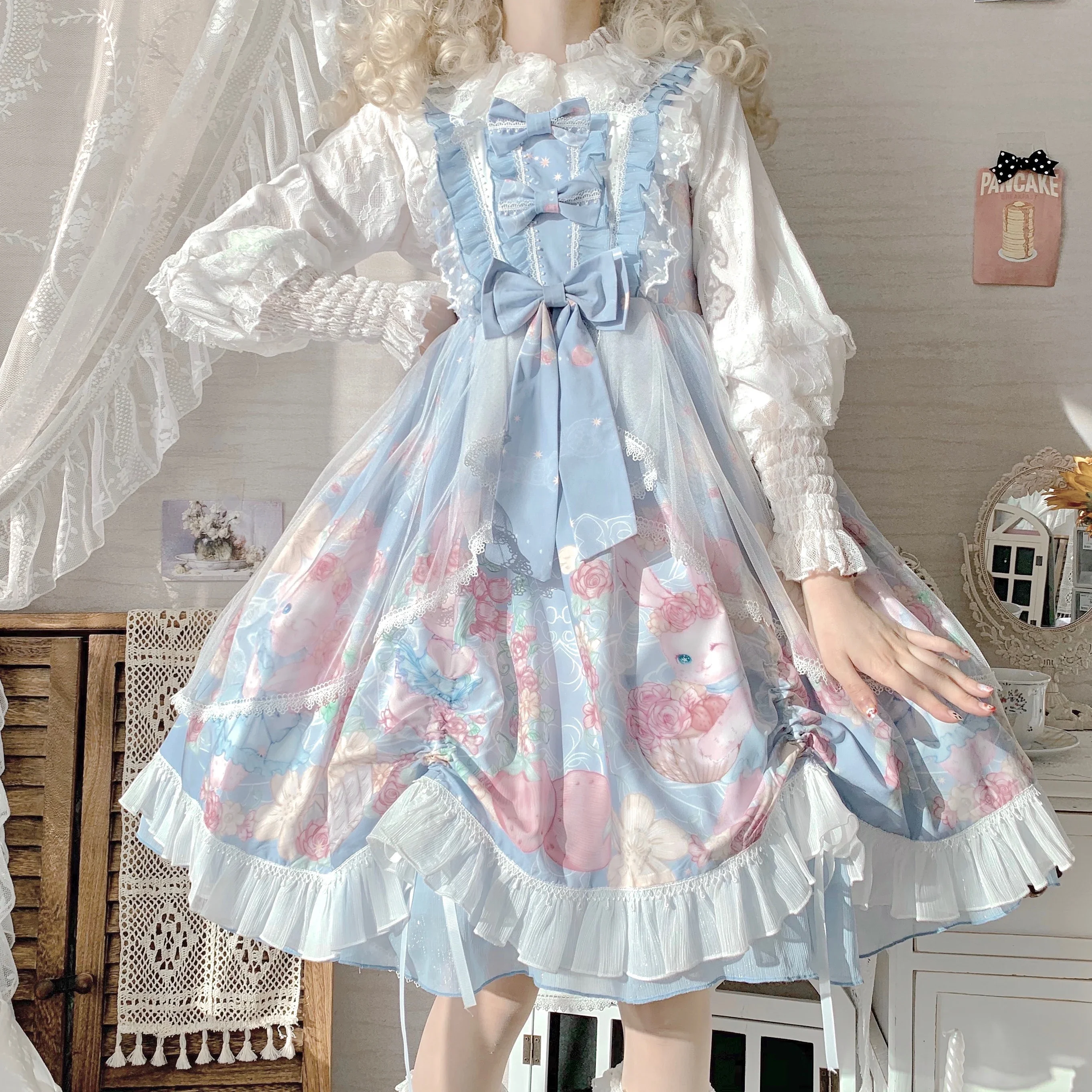 Luxuoso rosa kawaii menina lolita grinalda coelho cauda reboque coelho menina vestido bonito vintage jsk sem mangas arco princesa chá festa