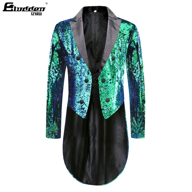 Men\'s Shiny double sided color Sequins Tuxedo Jacket Slim Fit Tailcoat Dress Coat Swallowtail Dinner Party Wedding Suit Jackets