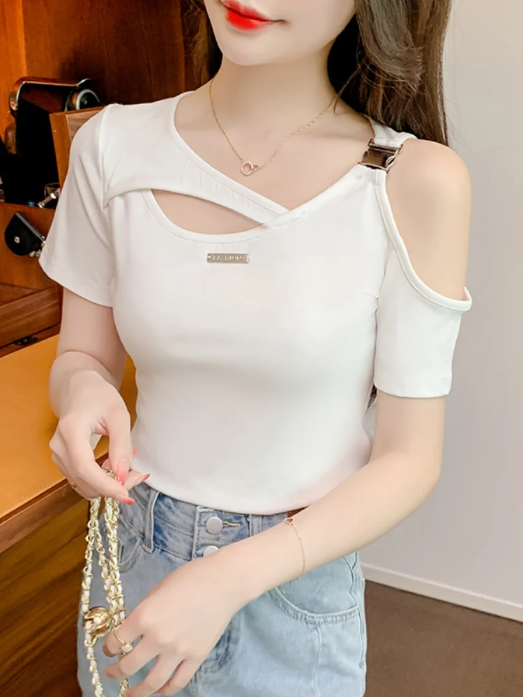 2023 New Summer European Clothes Short T-Shirt Women Sexy Off Shoulder Button Fake Two Pieces Tops Short Sleeve Basic Tees