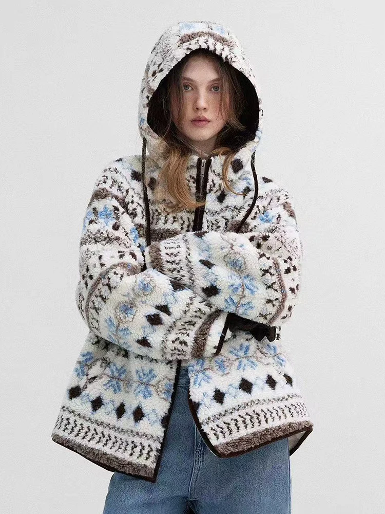 

Fashion Faux Wool Coat for Women Y2K Korean Loose Thick Warm Hooded Jacket Female Streetwear All Match Zipper Outerwear New