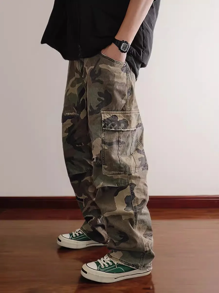 

Retro American Vibe Heavy Duty Vintage Workwear Pants Multi Pocket Loose Straight Leg Camouflage Trousers for Young Men